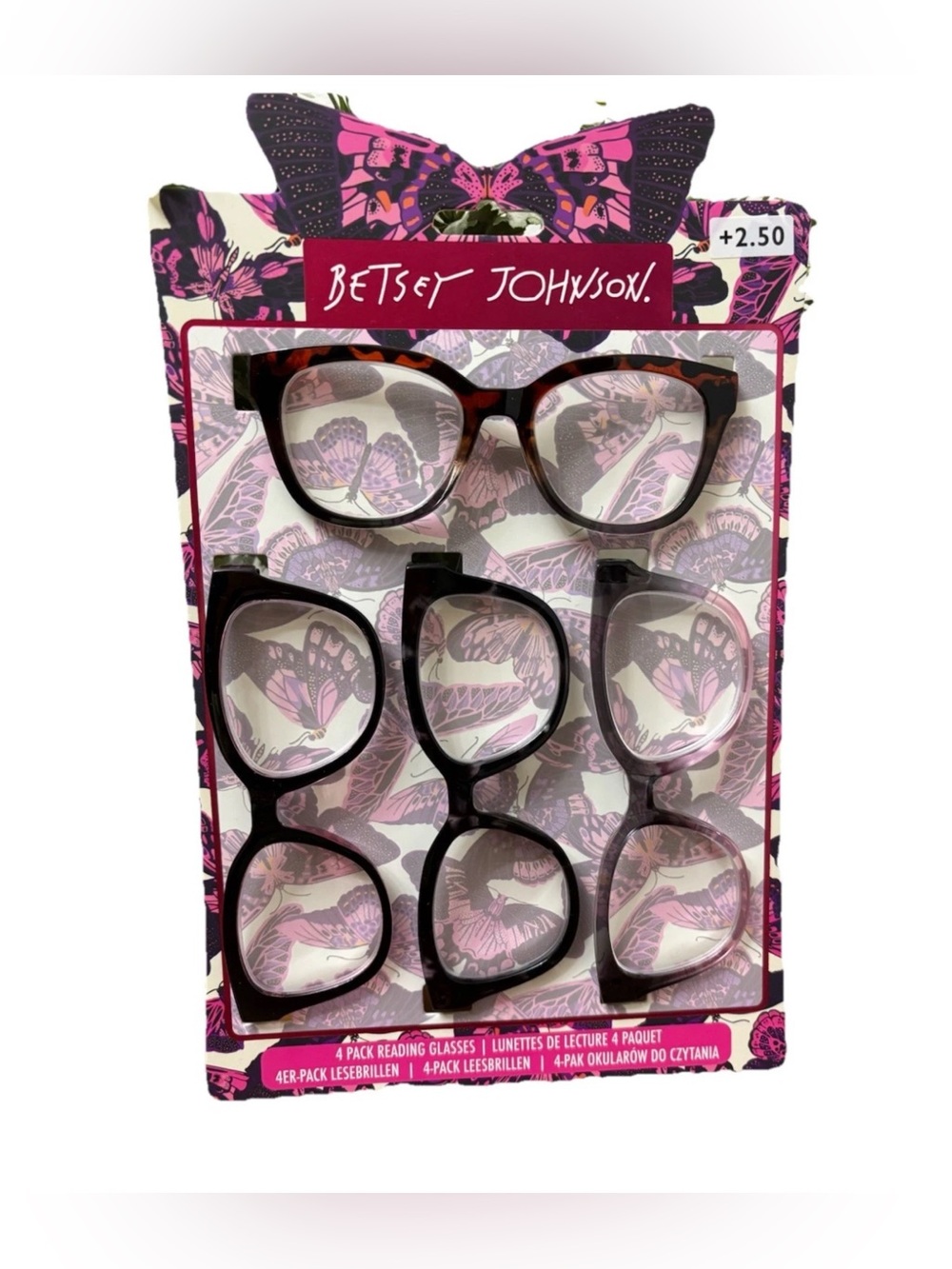 BETSEY JOHNSON WOMEN 4 PACK READING GLASSES READERS +2.50 TORTOISESHELL PATTERN